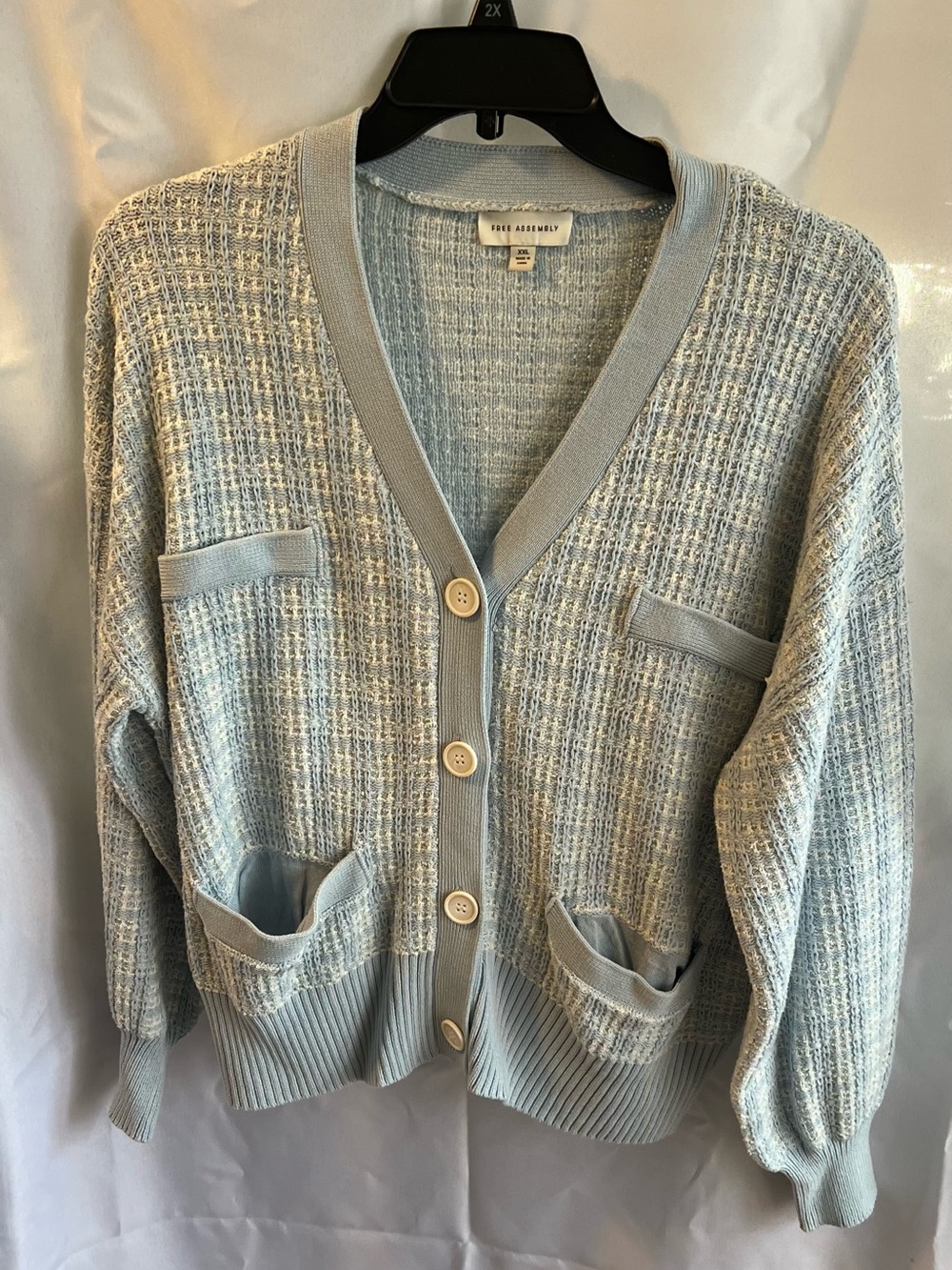 Vince Camuto Pale Blue Textured V-Neck Cardigan with Pockets